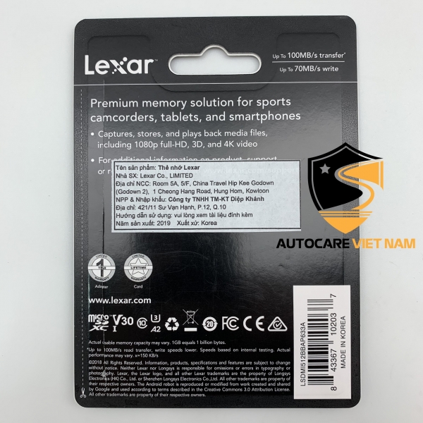 Thẻ Nhớ MicroSDXC Lexar 512GB 95MB/45MB/s (633X)